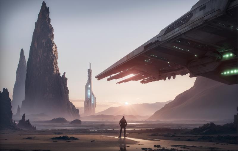 00066-766547916-A man stands on the surface of a deserted planet, with a space background and a spaceship war, _lora_jzcg035_0.8_ jzcg035, scene.png